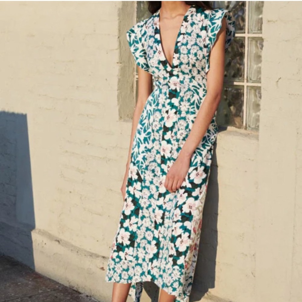 Rebecca Taylor Serene Flowers V-Neck Midi silk Dress size 4